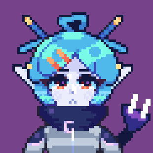 Grat10borg a bluehaired robot with orange eyes
